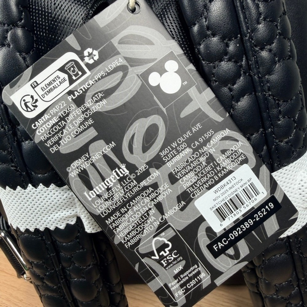 Loungefly Disney Artist Sketch Mini Backpack Black White Mickey Quilted WDBK3346 - Picture 9 of 9